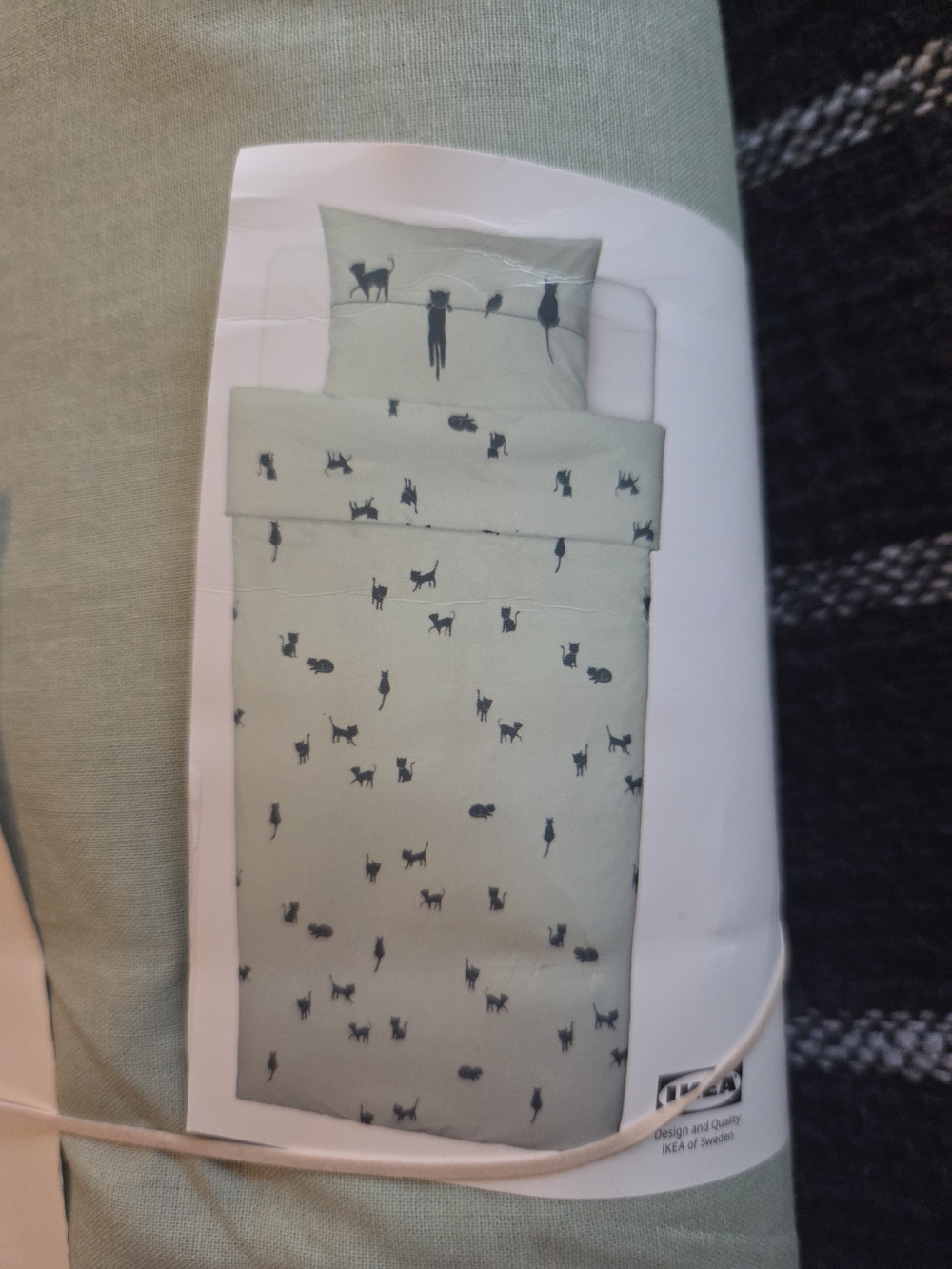 IKEA Light Green Duvet Cover with Cat Print